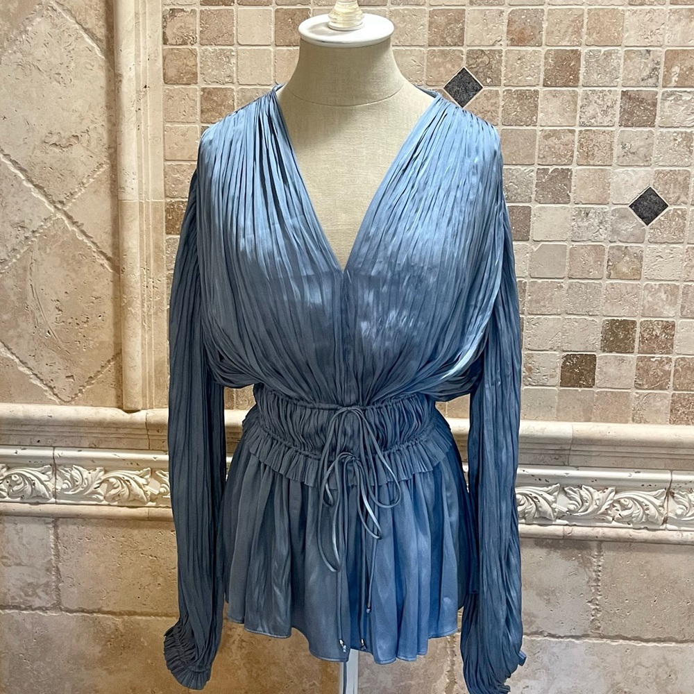 ElieTahari, Whisper Gathered Blue Satin Blouse